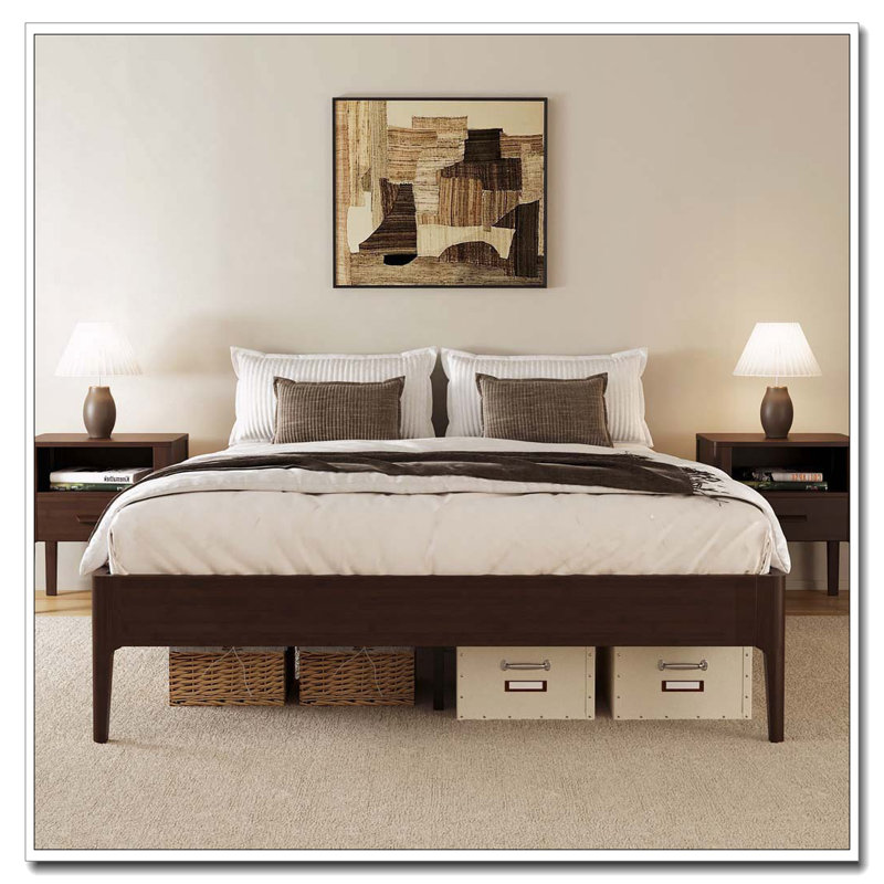 Structure de lit plateforme en bois de bambou massif, Chocolat, Lit double