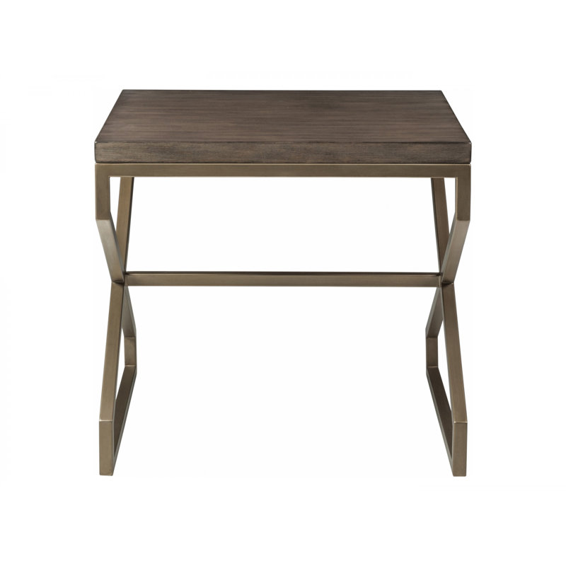 Transitional Mahogany Square End Table with Copper-Tone Metal Base