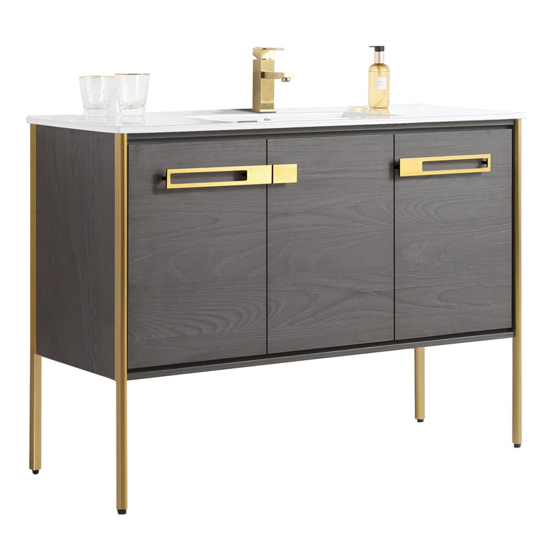 48" Single Bathroom Vanity, Satin Brass, Black Coal Oak