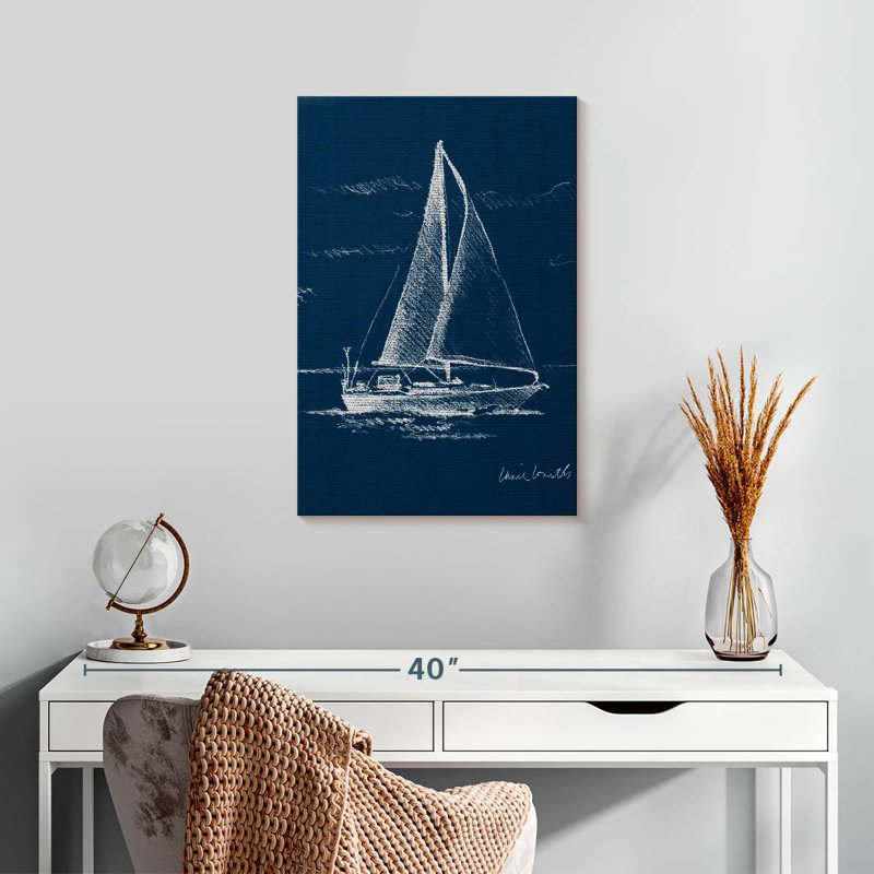 Voilier Mehar sur toile de jute bleue I, H 24 po x l 16 po