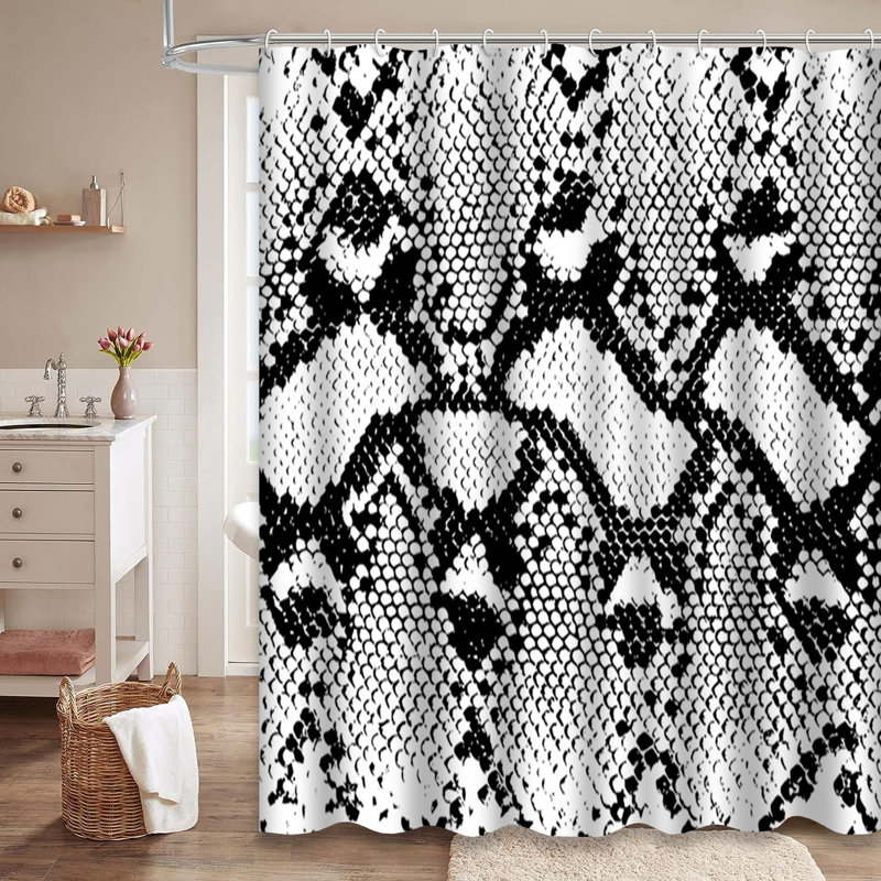 Rideau de douche abstrait noir et blanc Ã  motif peau de serpent, avec 12 crochets, L 72 po x l 84 po