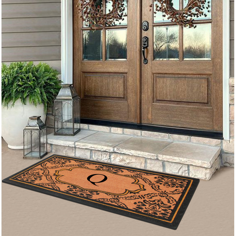 Senn Monogrammed Natural Coir Door Mat – Ornate Scrollwork Design, 30" × 60", Heavy-Duty, Durable & Easy to Clean, Q