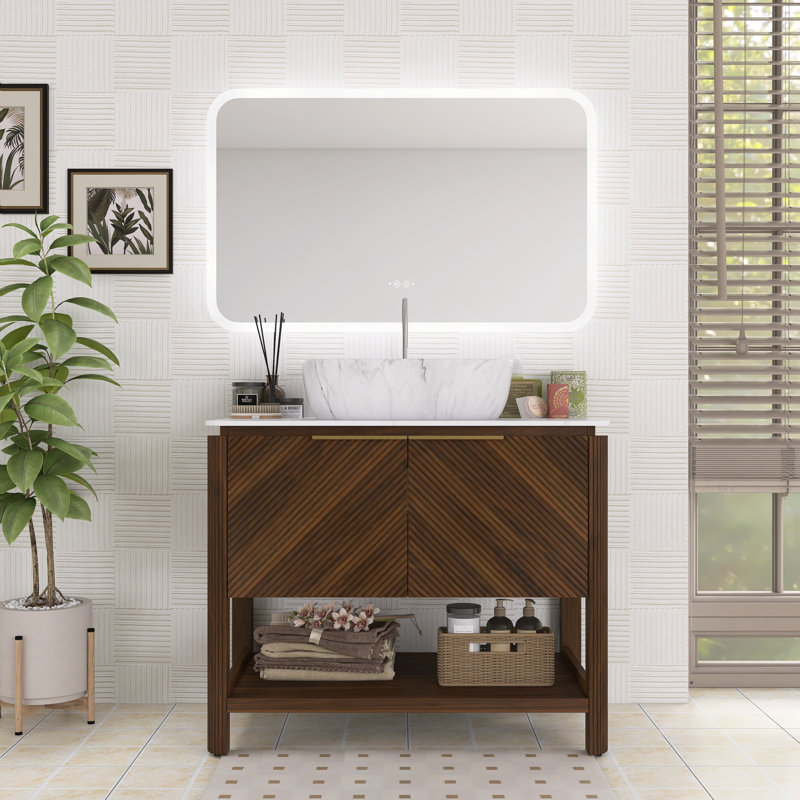 Dessus de meuble-lavabo autoportant en contreplaqué avec 4 portes en diagonale et 2 bacs en marbre, 36"