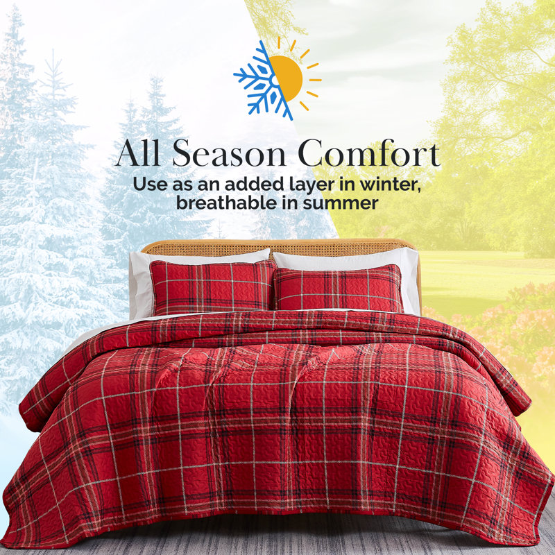 Vilano Microfibre Plaid Quilt Set, Twin/Twin XL Quilt + 1 Standard Sham, Red