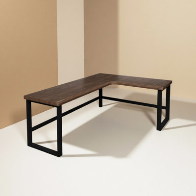 Simple L - shaped Solid Wood Desk with Iron Base