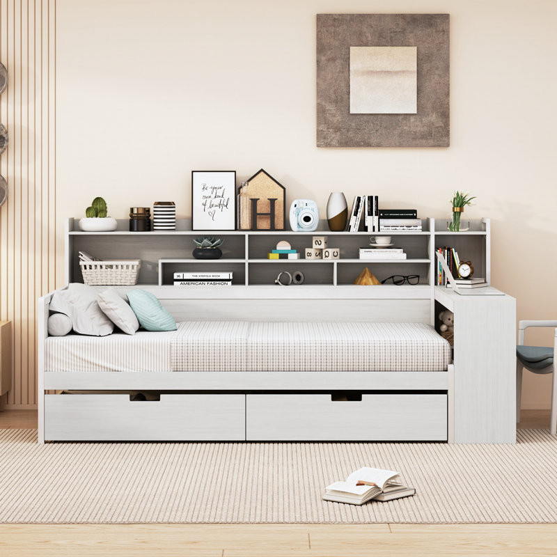 Multi-functional Storage Platform Bed With Desk,  Antique White, Twin