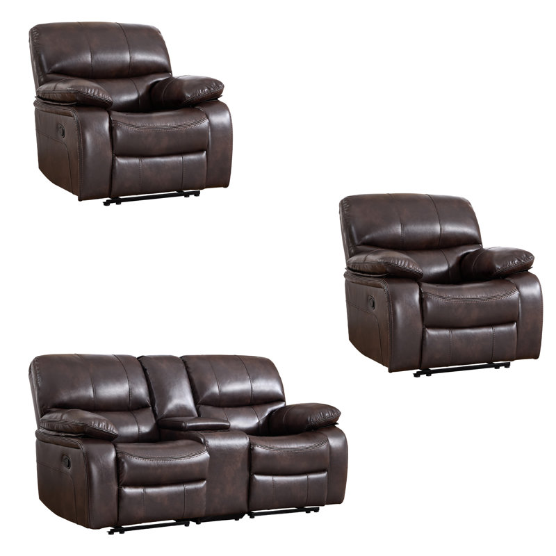 3 - Piece Modern Faux Leather Manual Reclining Living Room Set With Storage Console & Cup Holders, Brown