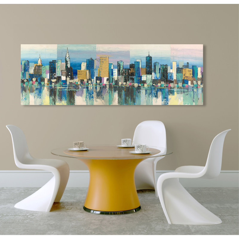 Manhattan Aqua 1 Piece Wrapped Canvas Painting, 35cm H x 100cm W x 4cm D
