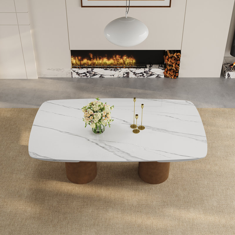 Table de salle à manger rectangulaire extensible de 63 à 94,5 po, plateau en pierre et base en bois massif, table de salle à manger moderne pour 6 à 10 personnes