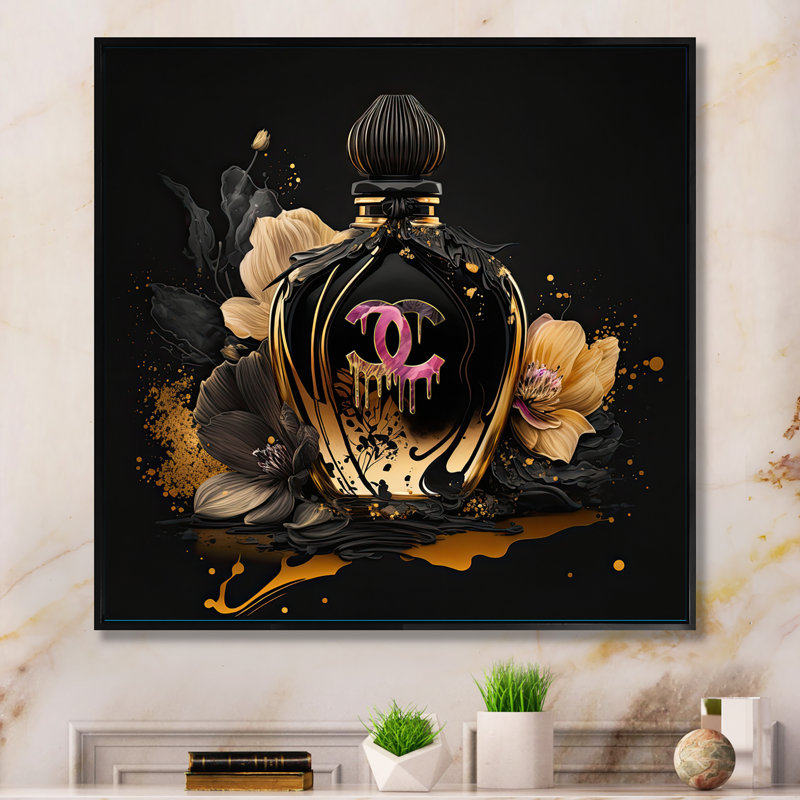 «Chic Black and Gold Perfume Bottle II», art sur toile tendance, H 24 po x l 24 po x P 1 po, Toile avec cadre flottant noir