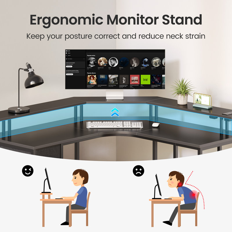 L Shaped Desk with LED Lights & Power Outlets, Computer Desk with Full Monitor Shelf, Black