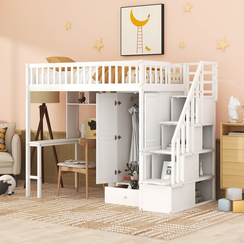 Cressida Loft Bed With Bookshelf And Desk, Solid Pine And MDF, Twin, White