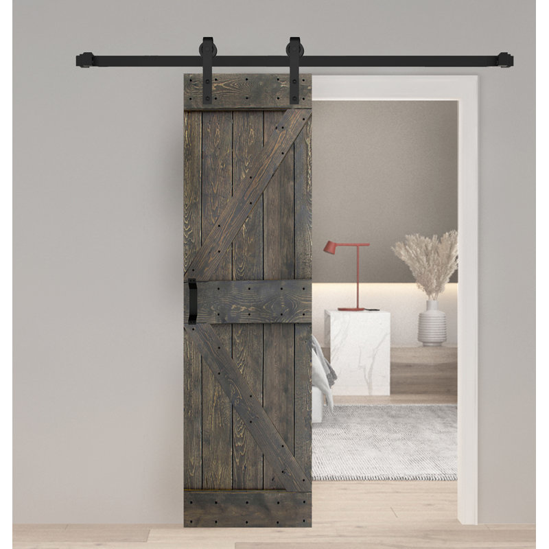 K Series Solid Wood Sliding Barn Door with Installation Hardware Kit (Smoky Gray), 28 po x 84 po