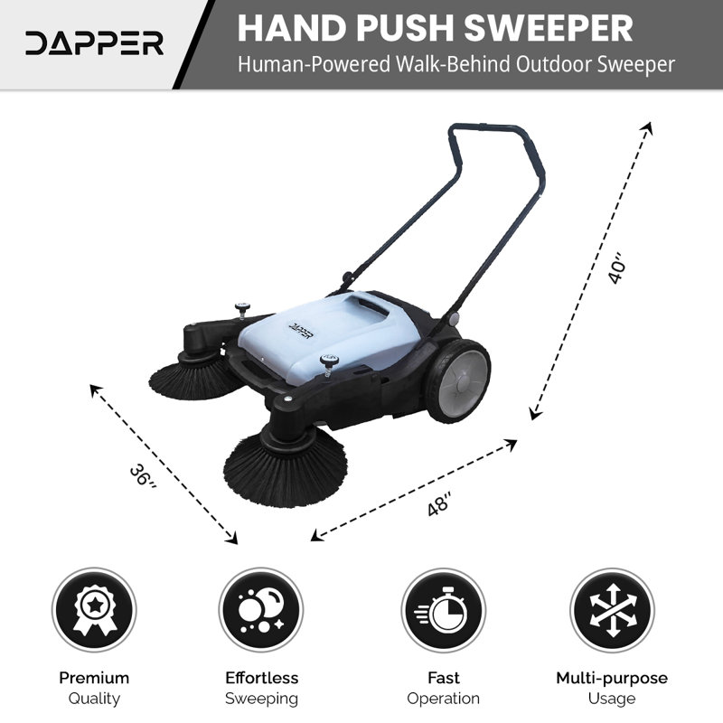 Walk-Behind Outdoor Hand Push Floor Sweeper - 10.5 Gallon Capacity - 36" Sweeping Width