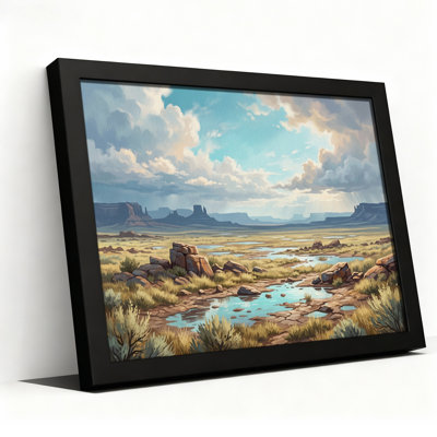 Tableau sur toile représentant un paysage de canyon désertique avec des étangs et un ciel nuageux