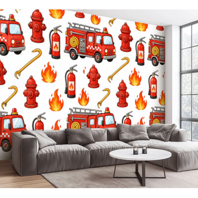 Wall Mural Peel and Stick Wallpaper Firefighter seamless Fire truck ladder extinguisher hose Hand Self-Adhesive Removable Contact Paper Wall Decor for Living Room Bedroom 100"H x 144"W