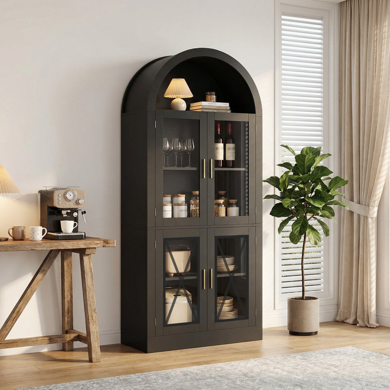 70" Tall Farmhouse Arched Display Cabinet With Led Lights And Glass Doors, Modern Storage Cabinet, Black, Black