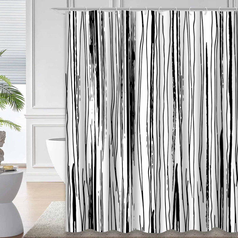 Grunge Seamless Line Black Abstract White Shower Curtain with 12 Hooks, 72" L x 84" W