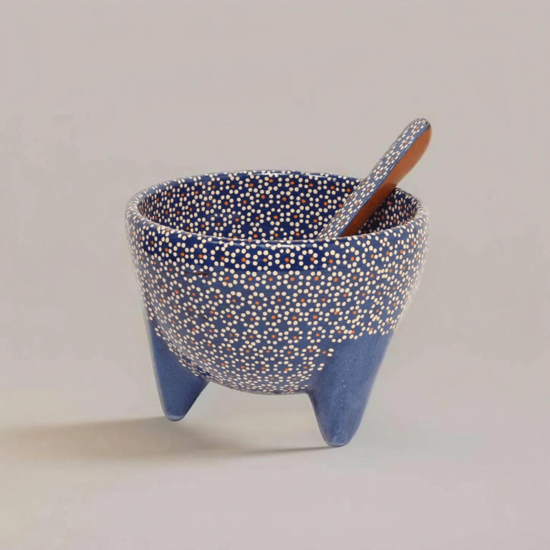 Bol en salsa en céramique 6 oz avec cuillère, Blanc / Bleu / Rouge, 6"
