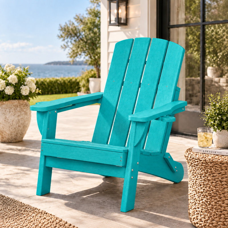 Chaise pliante Adirondack en PEHD résistante aux intempéries avec 2 porte-gobelets, Bleu