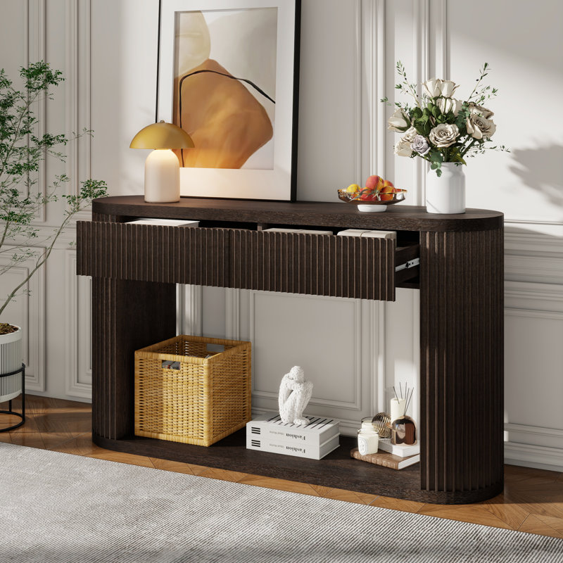 Console ovale espresso à 2 tiroirs et tablette inférieure, table d'entrée en bois massif de 53 po Espresso
