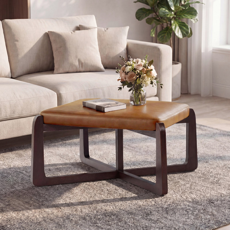 24" Wide Faux Leather Upholstered Square Ottoman, Yellow