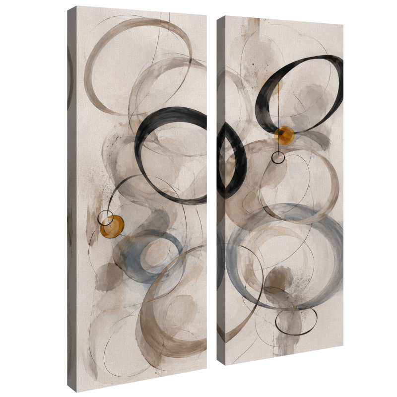 Ensemble de 2 impressions encadrées sur toile, motif abstrait de cercles superposés beiges et noirs, 81 x 30 x 5 cm (32 x 12 x 2 pouces).