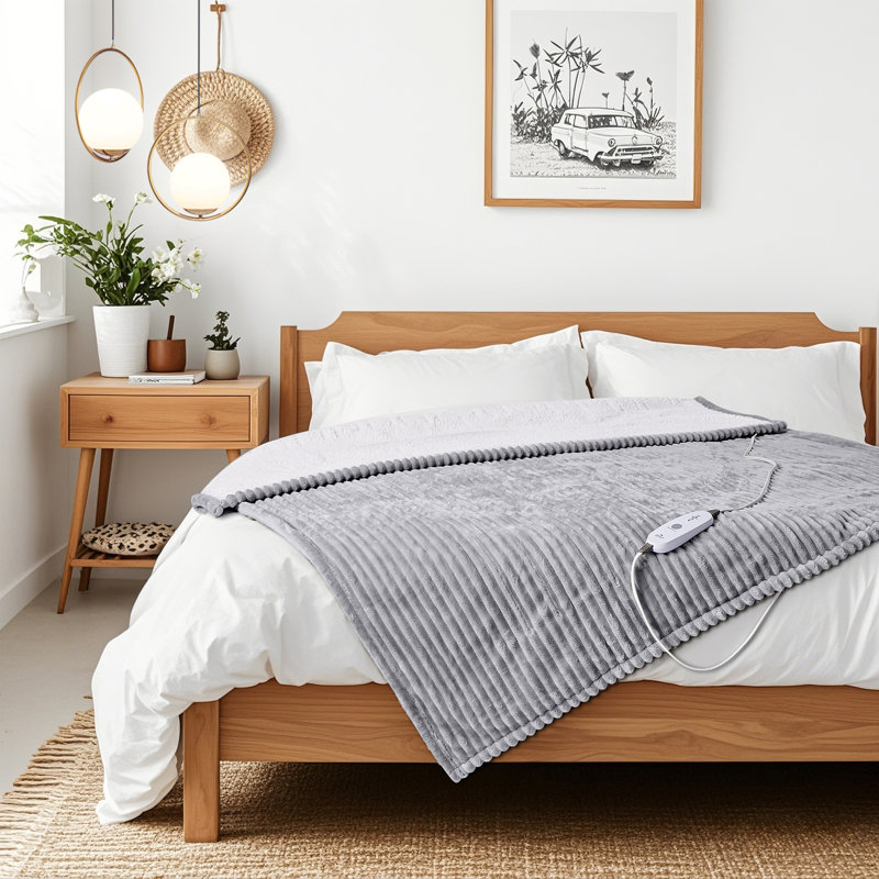 HBT Electric Fleece Heated Throw Blanket, Light Gray, 84" L x 62" W