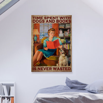 Time With Dogs And Books Is Never Wasted Gallery Wrapped Canvas - Animal And People Illustration Decor, Blue And Red Bedroom Decor