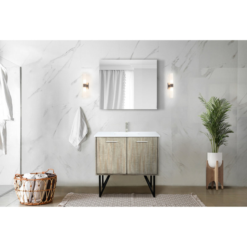 Meuble-lavabo rustique de l 36 po x P 20 po avec comptoir en marbre et robinet en nickel brossé - tiroirs à fermeture en douceur, tablette offrant de nombreuses options de rangement