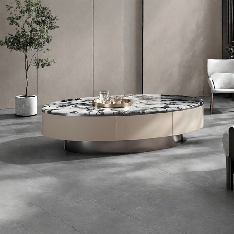 Light luxury oval marble coffee table, 15.7" H x 51.2" L x 27.6" W