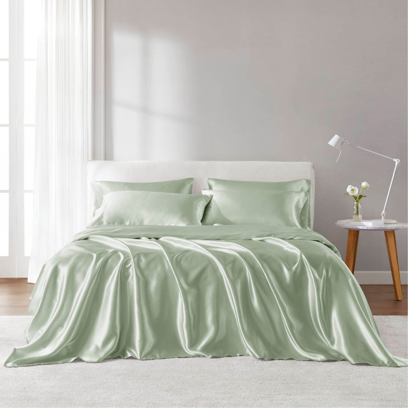 Ensemble de draps en satin de luxe, Édredon très grand et 3 pièces supplémentaires, Vert