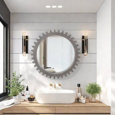 Vintage 34" X 34" Wood Round Hanging Gear Shape Heavy Decorative Mirror For Bathroom Living Room Entryway Or Put Together To Your Liking