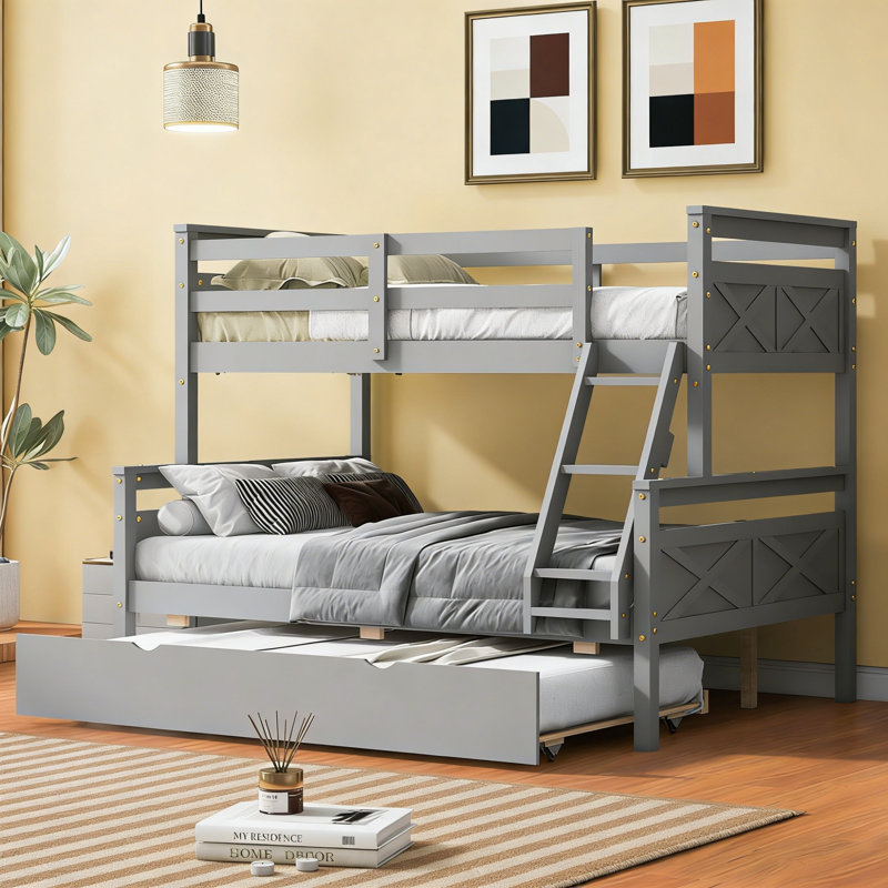 Twin Over Full Bunk Bed With Ladder, Twin Size Trundle, Safety Guardrail, Gray