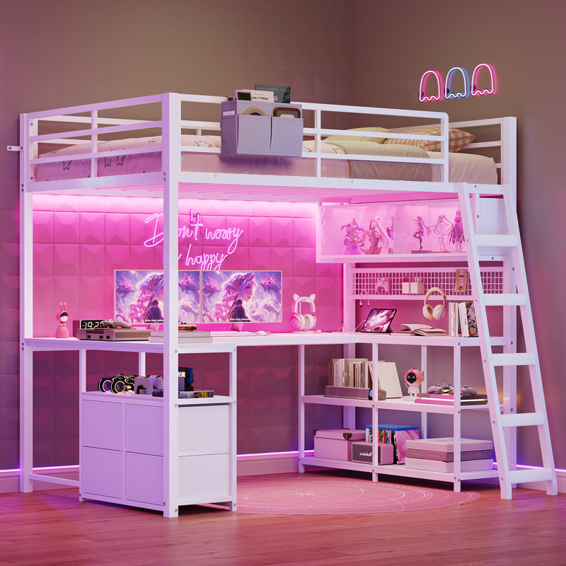 Lit mezzanine avec bureau en forme de U et armoire RVB, Twin, Blanc