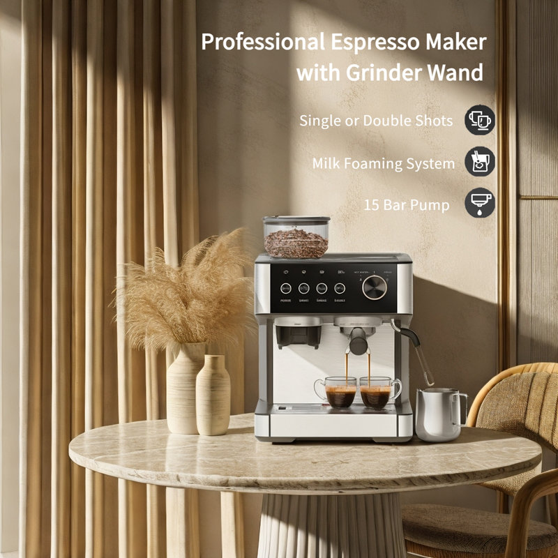15 Bar Semi-automatic Espresso Maker With 30-position Grinder And Milk Frother Steam Wand