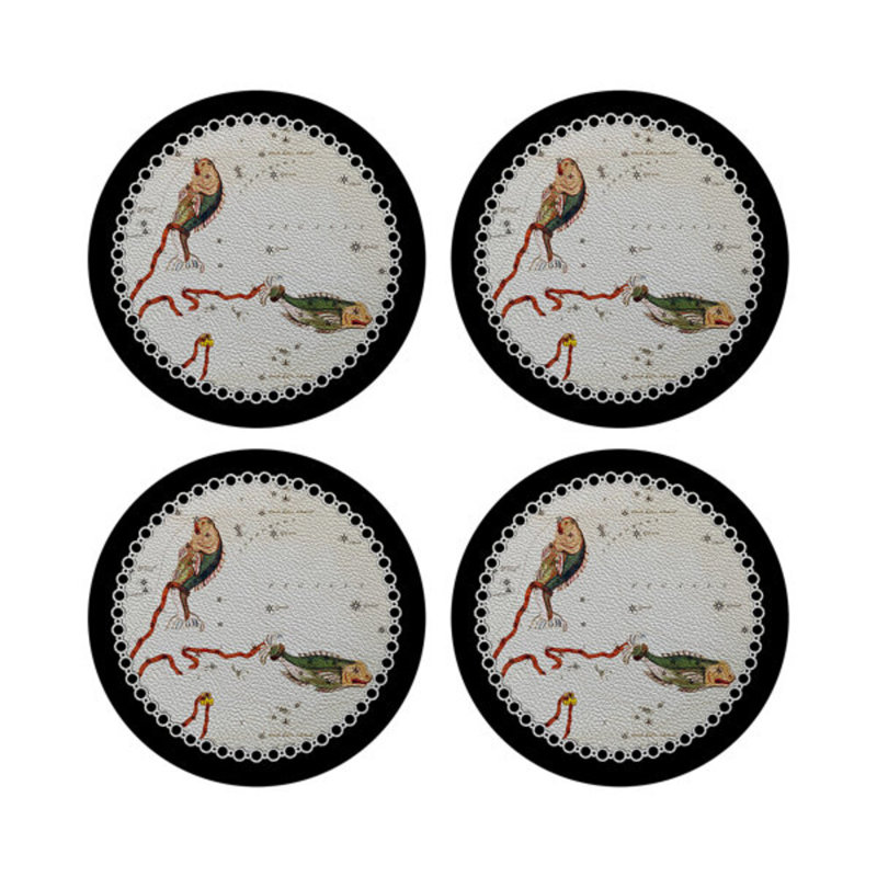 Zodiac Pisces Black Vegan Leather Round Coasters, Black