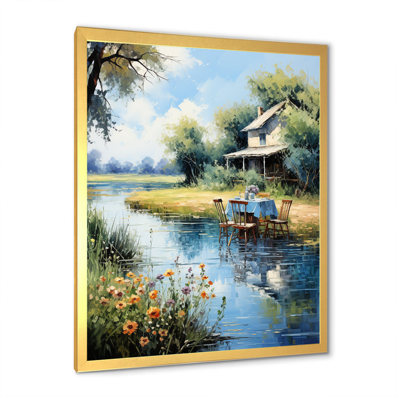 Pique-nique au bord du lac - reproduction, Cadre doré simple, H 32 po x l 16 po x P 1 po