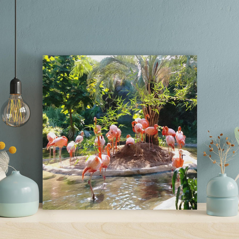 Flamant rose sur étang - peinture sur toile tendue, L 32 po x H 32 po