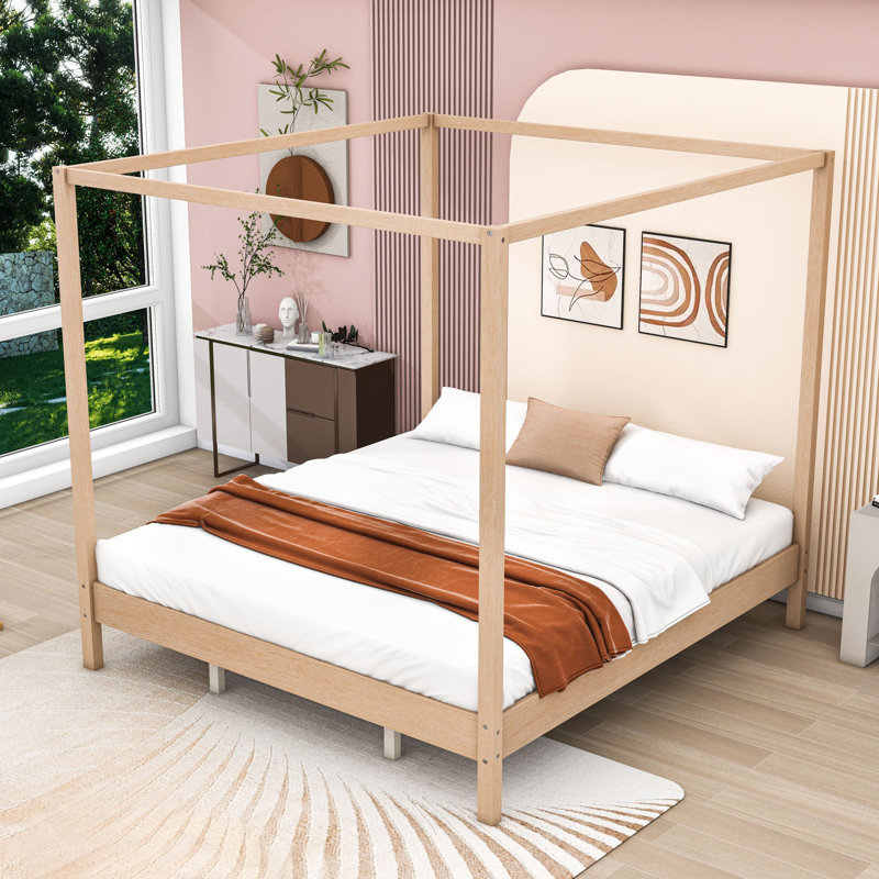 Wood Four Poster Platform Bed with Slats Support and Center Legs, Natural, King