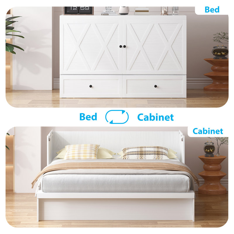 Queen Murphy Bed with Usb Charging Station & Storage Drawers,White, White