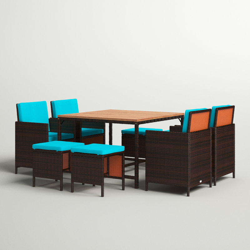Negril 8 - Person Acacia Wicker Patio Dining Set with Square Table , Cushions Included, Blue