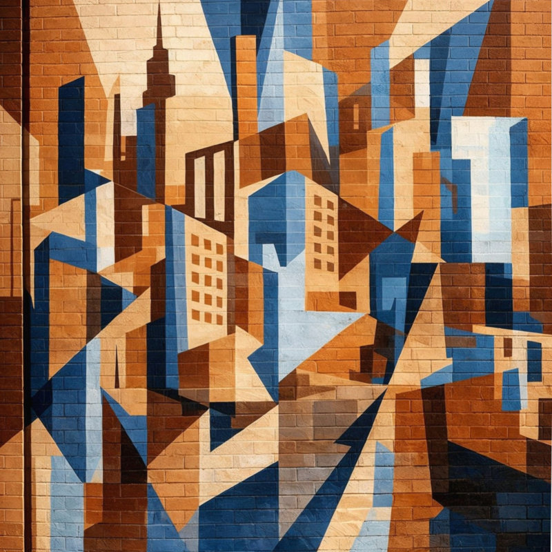 Couette murale abstraite représentant un paysage urbain, Lit simple, Brun / bleu clair / foncé