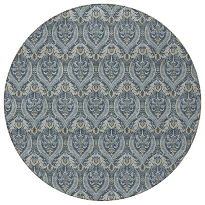 8' Round Blue and Cream Round Damask Washable Non Skid Indoor Outdoor Area Rug