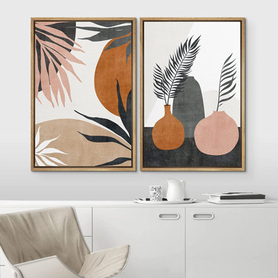 Mid Century Shape IDEA4WALL Framed Canvas Print Wall Art Set Geometric Jungle Palm Leaf Polygons Abstract Shapes Illustrations Modern Art Decorative C