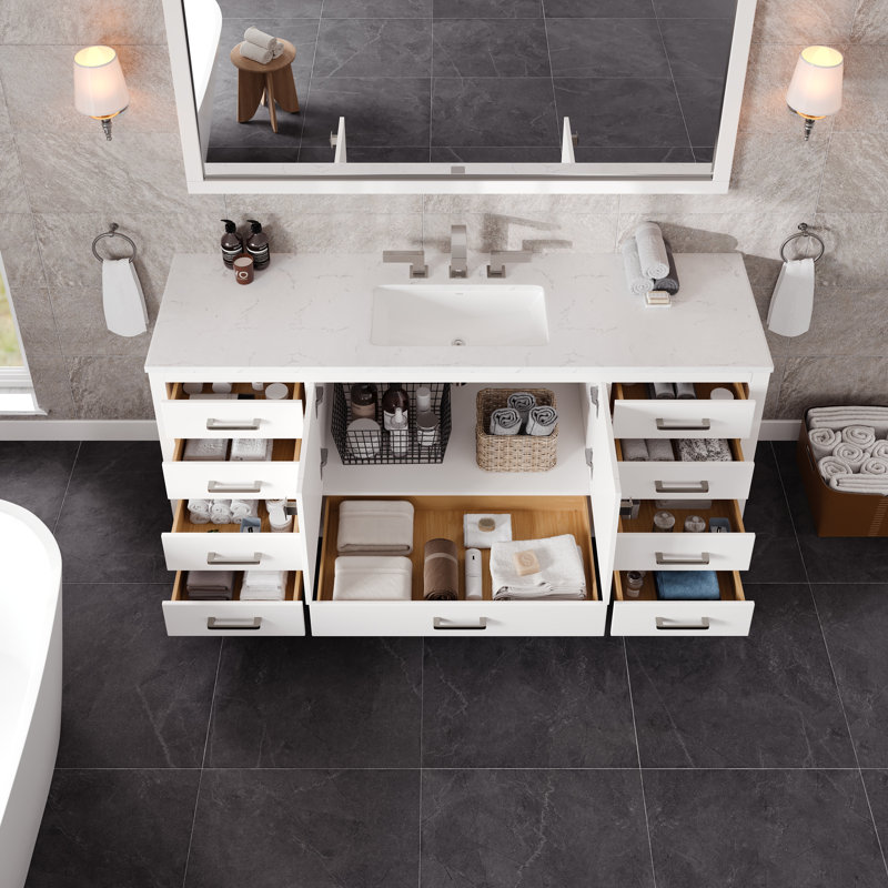 Aberdeen Meuble-lavabo simple blanc avec comptoir en quartz Carrara et lavabo en porcelaine encastré