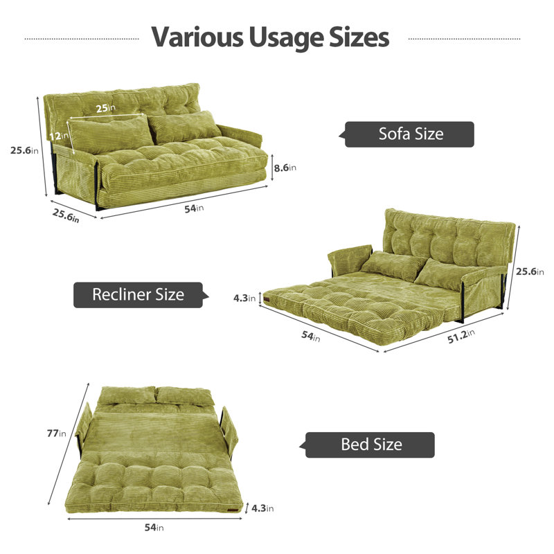 Canapé Bean Bag, Velours côtelé vert, H 25,6 po x l 54 po x P 25,6 po