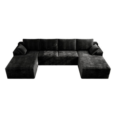 126" U-shaped Sectional Couch, Compression Sofa, Black Corduroy