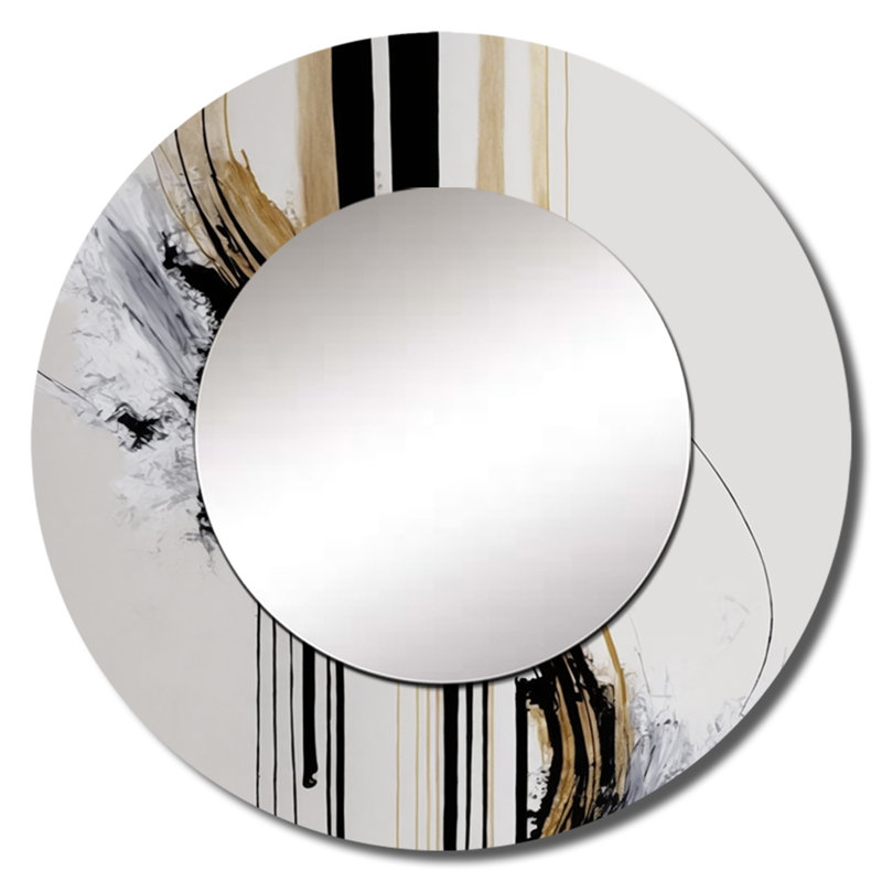 Shivaun Golden Minimalist Abstract II - grand miroir abstrait, décor de miroir mural rond noir unique, impression d'art en métal