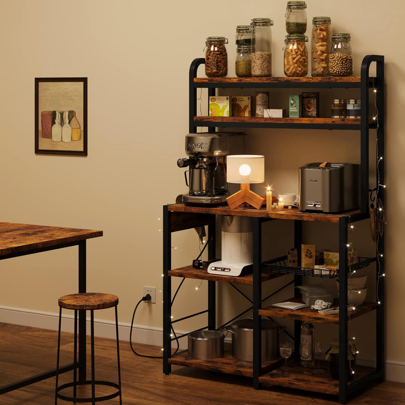 Baker Rack with Power Outlet - Microwave Stand with Storage, Industrial Microwave Stand, Kitchen Buffet Table with Large Storage, 6-Tier Kitchen Storage Rack